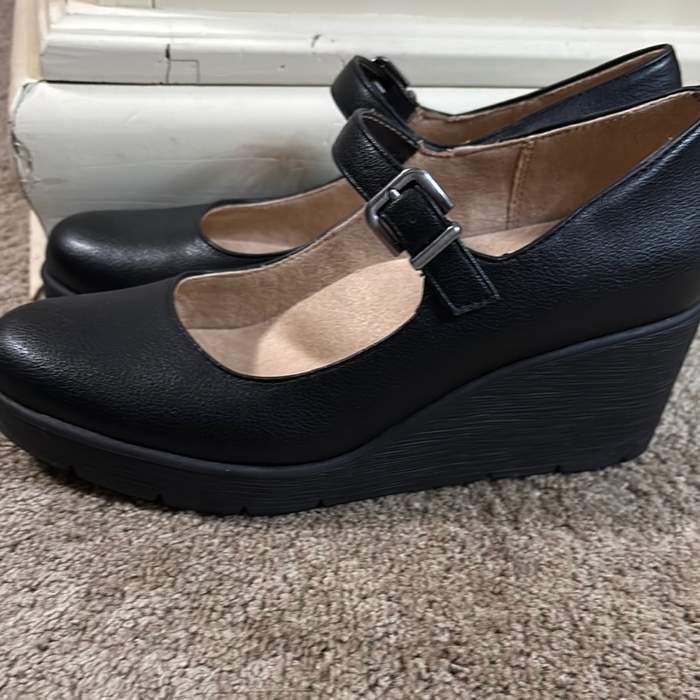 Soda Black Wedge Mary Jane Shoes